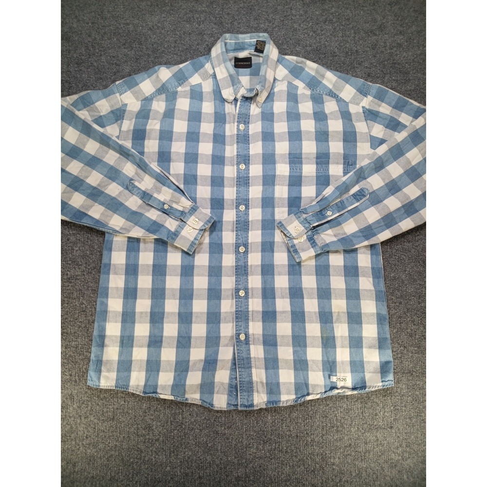 Structure Men's Medium Blue White Plaid Cotton Button Up Shirt Long Sleeve